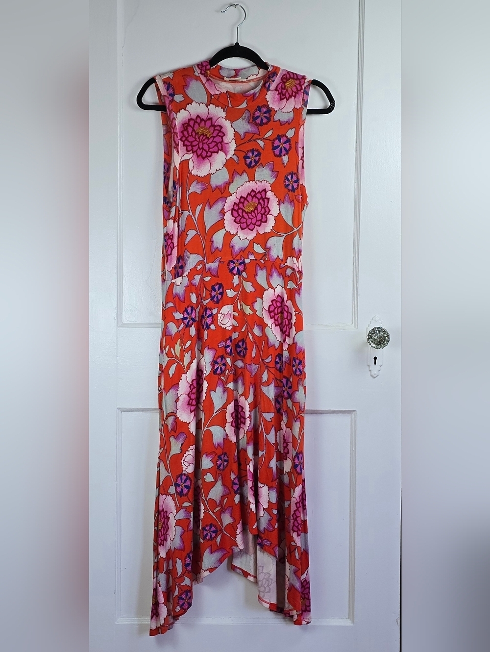 Maeve Orange and Pink Floral Knit Boho Midi Sleeveless Dress With Pockets S